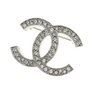 CHANEL CC Logo Rhinestone Brooch Silver Tone Pin 13P Auth #8939